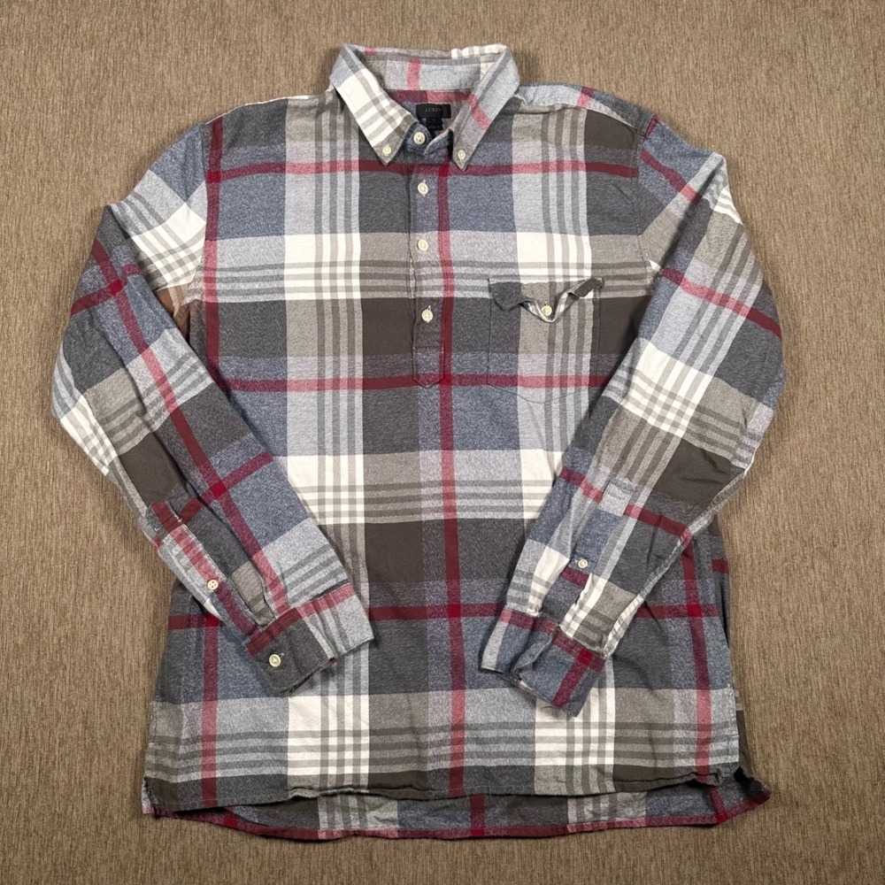 J.Crew Mens Large Plaid Flannel Popover Shirt Blue Red Grey Long Sleeve